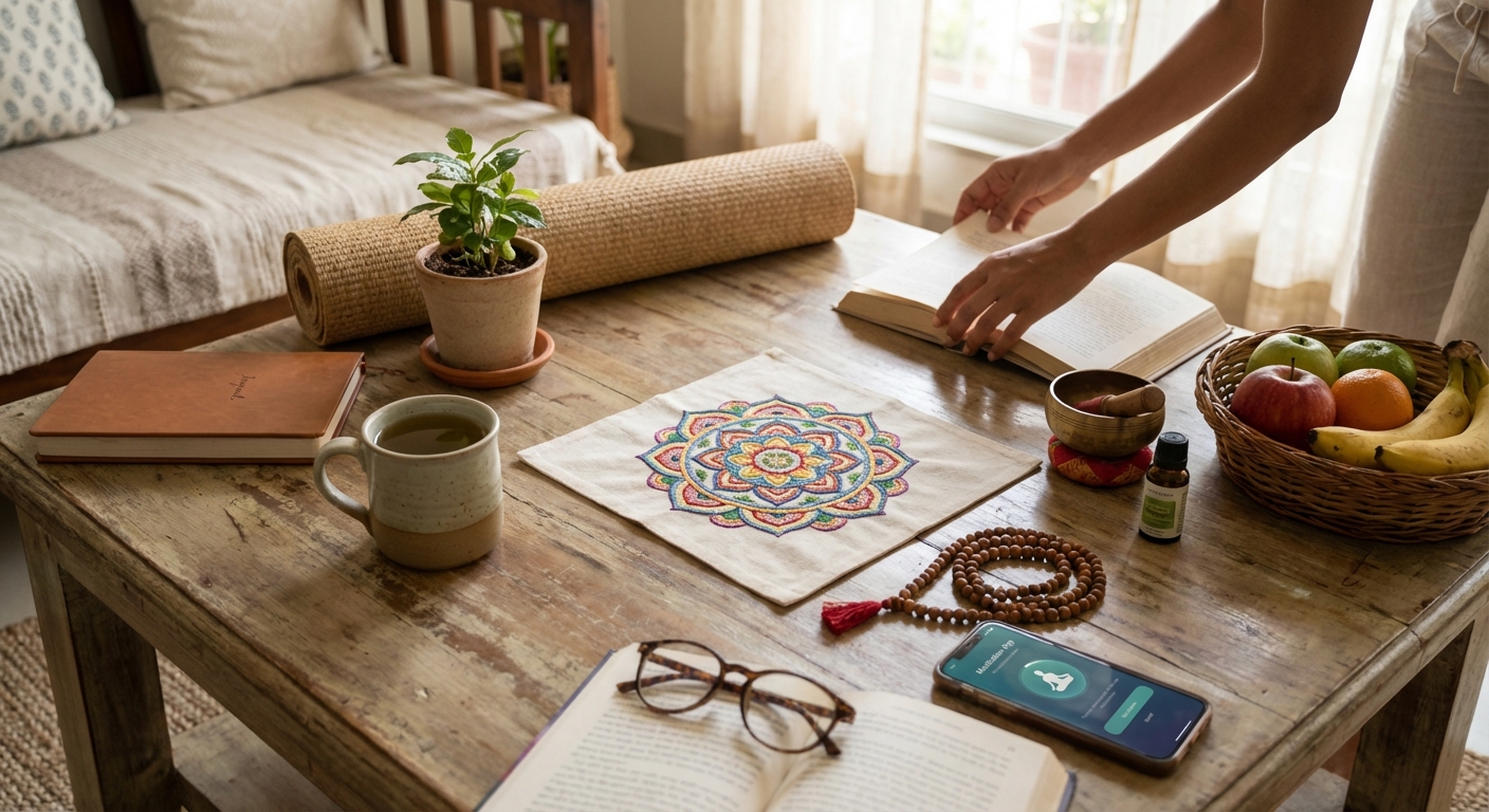 A collection of self-care practices arranged around a central wellness symbol, depicting various coping strategies