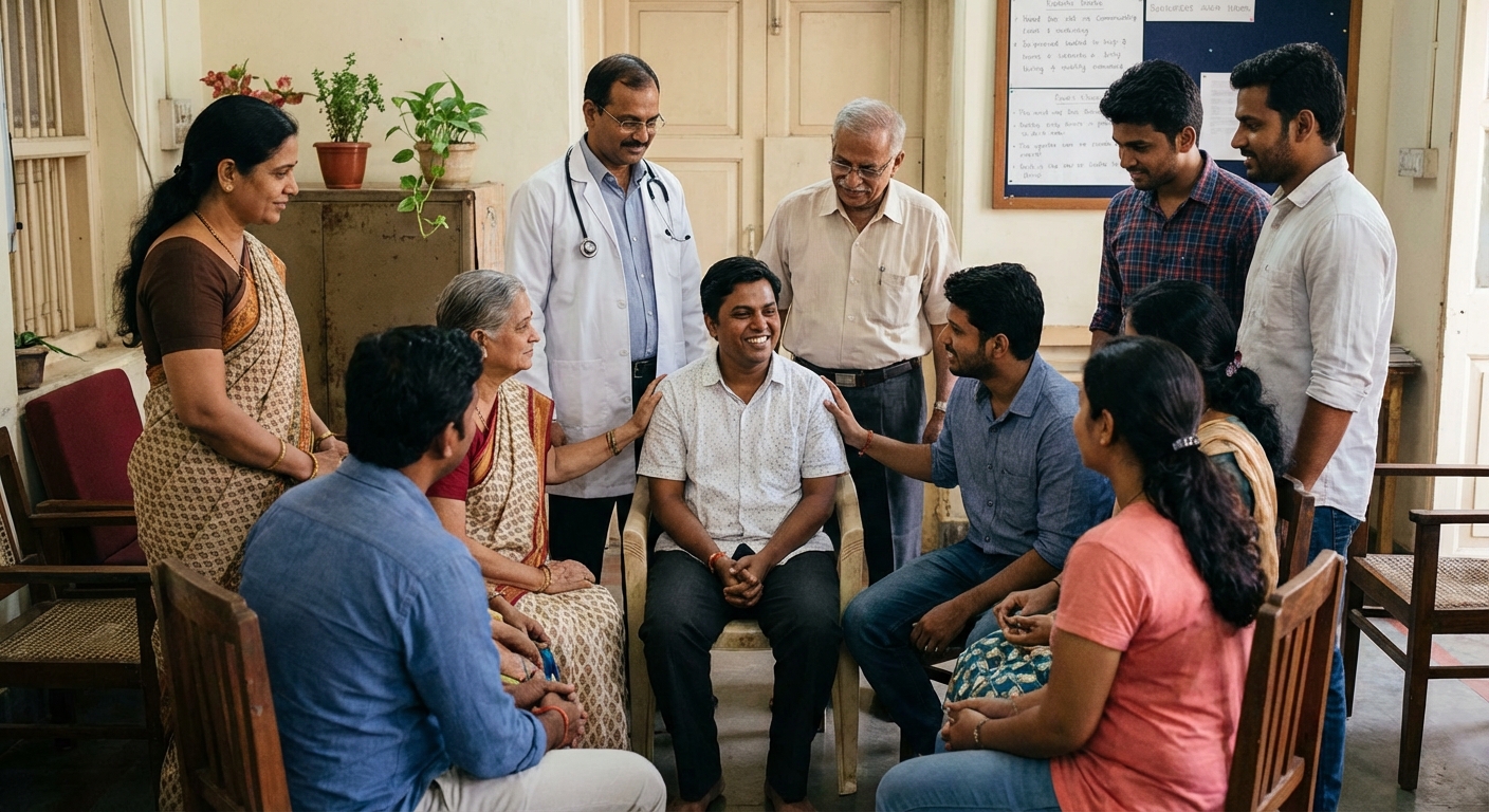 A supportive network of people including healthcare providers, family, friends, and support group members surrounding an individual