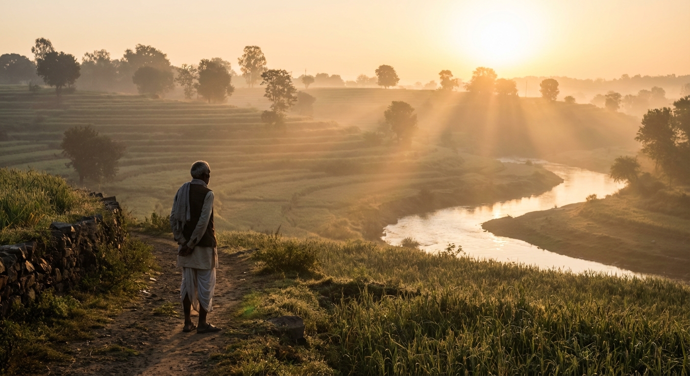 A sunrise over a peaceful Indian landscape symbolizing hope, renewal, and the possibility of living well despite challenges