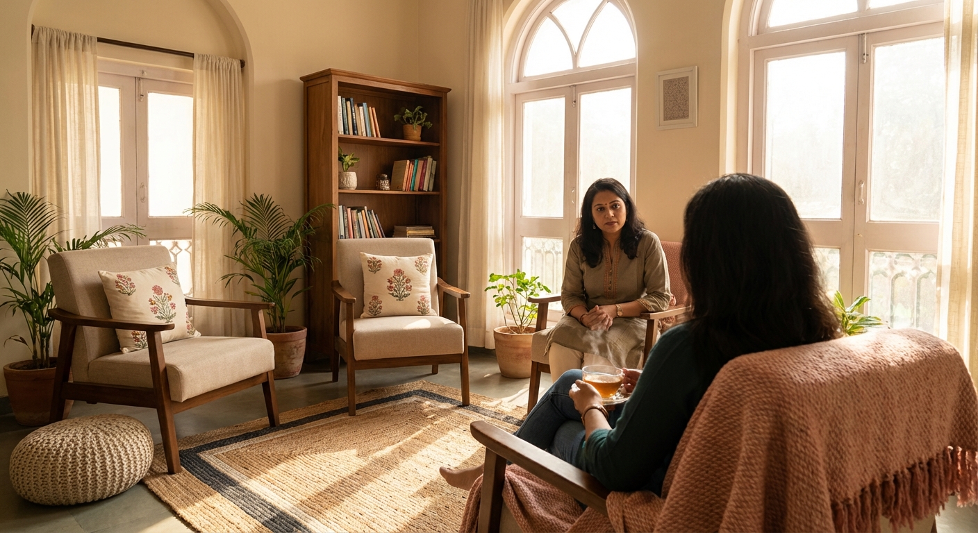 Peaceful therapy room with warm ambiance