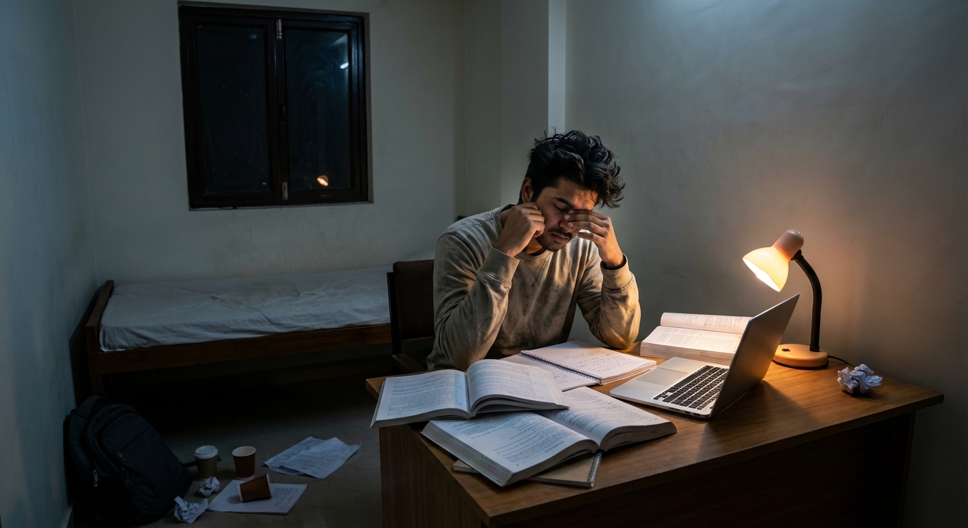 A stressed Indian college student studying late at night in a hostel room surrounded by books