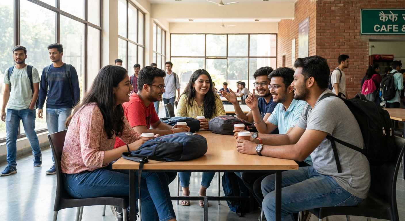 Indian college students sitting together in a campus common area, engaged in friendly conversation