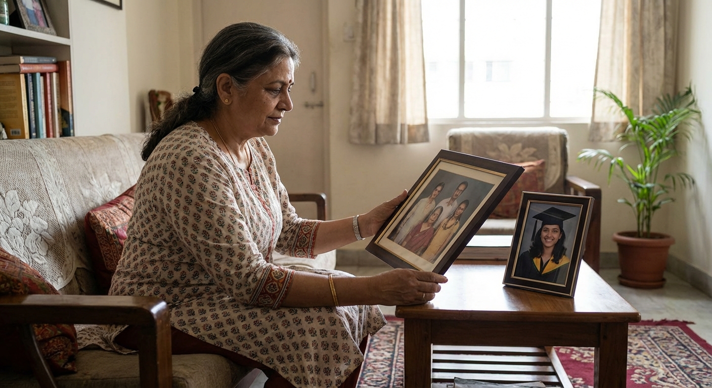 An Indian parent looking at a family photo with their college-age child's graduation picture