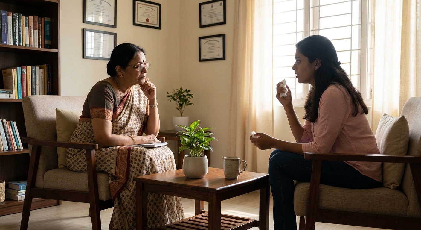 A compassionate counseling session in a professional Indian psychologist's office