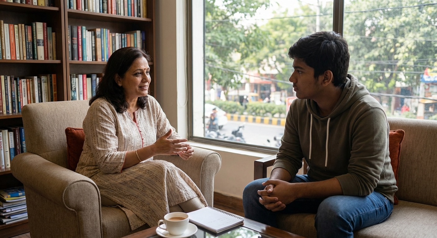 A counseling session showing a psychologist talking with a student in a comfortable office