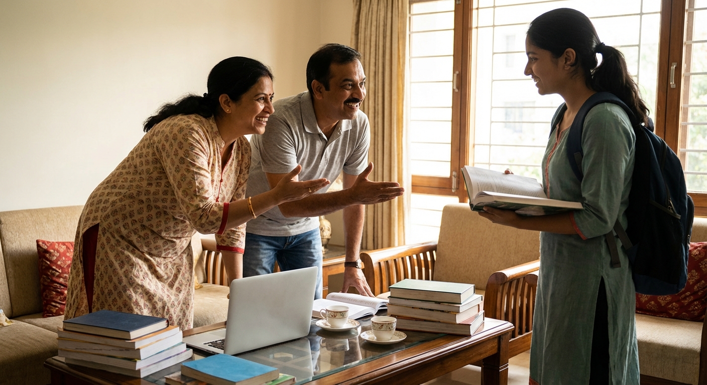 A supportive family scene with parents encouraging a student