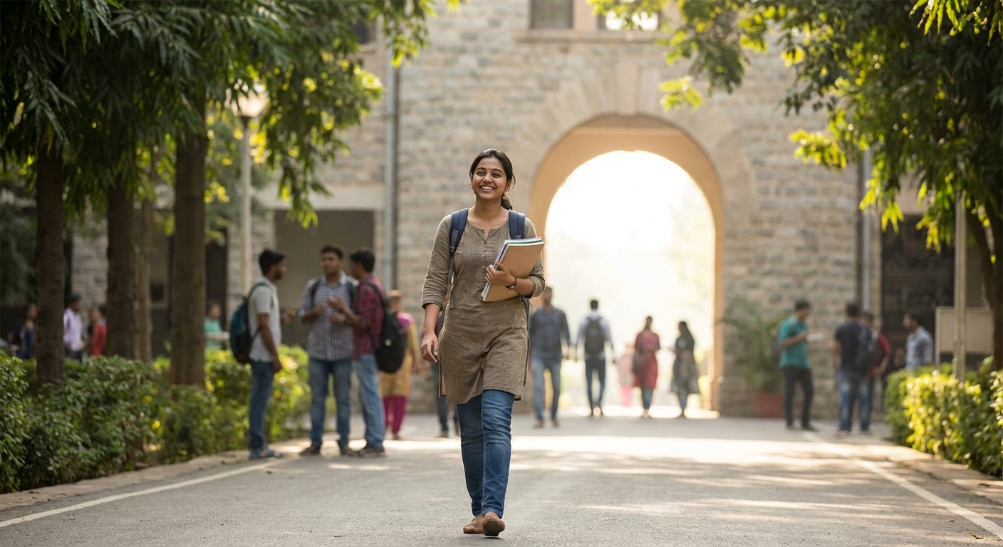 A confident student walking forward towards a bright future