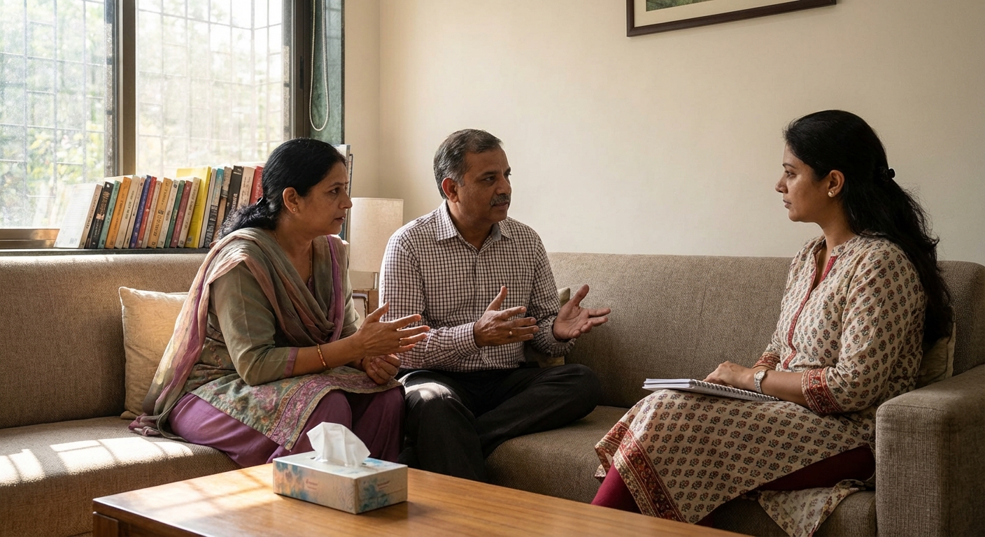 A couple in conversation with a therapist