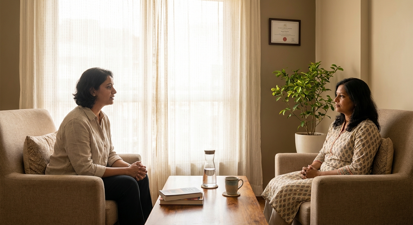 A serene therapy office with elements of hope