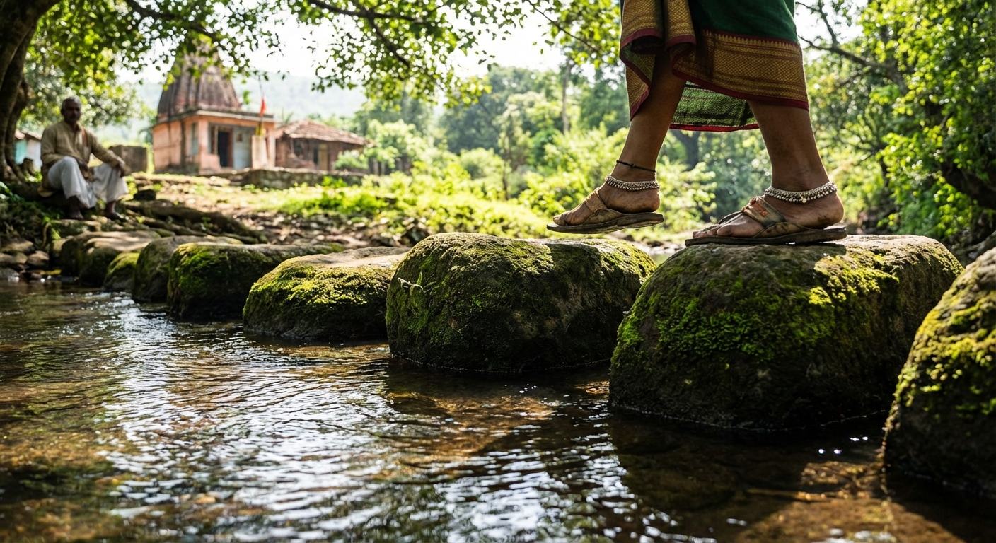 A healing journey represented by stepping stones across a calm stream