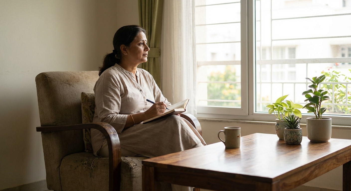 A person engaged in self-reflection, journaling in a peaceful home setting