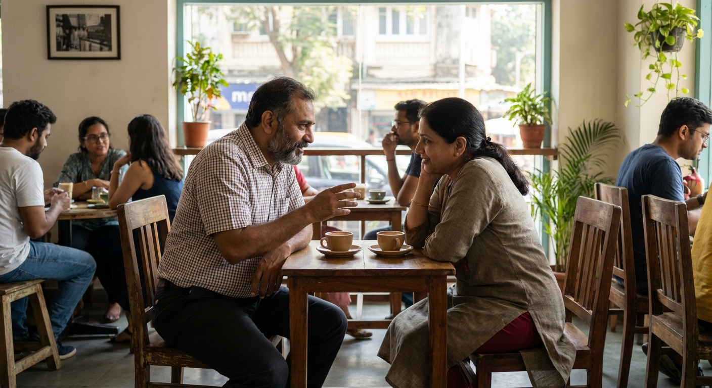 Two people having a meaningful conversation over coffee in a cafe