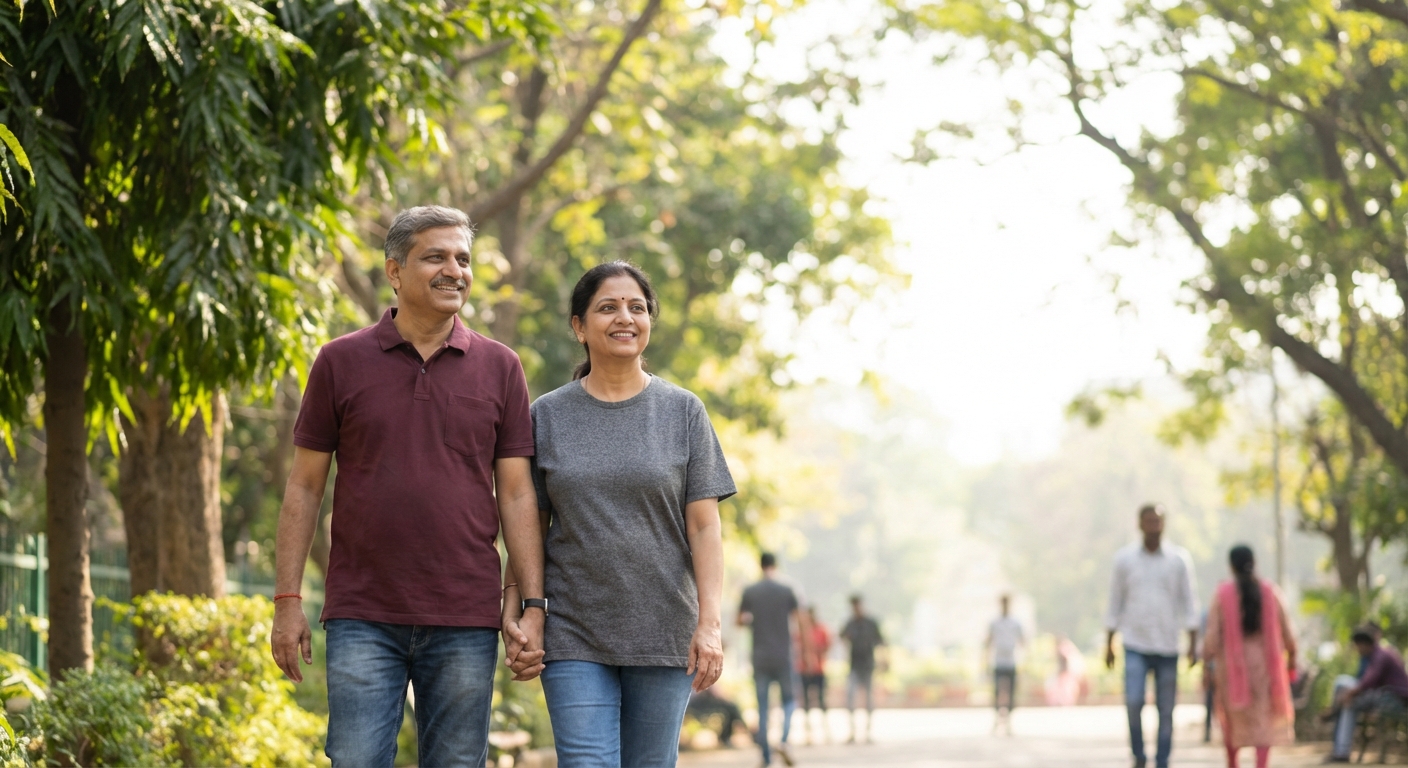 A couple walking together in a park, holding hands, looking forward with hope