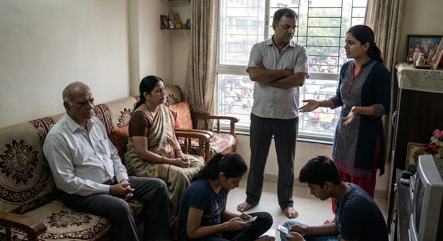 An Indian family gathering showing multiple generations with visible tension