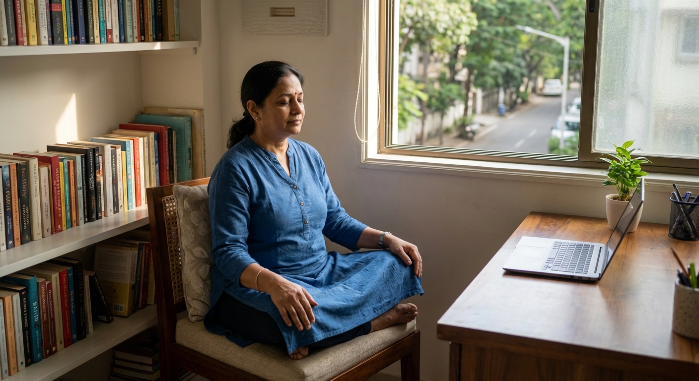 A calm Indian professional practicing mindfulness in a quiet office space