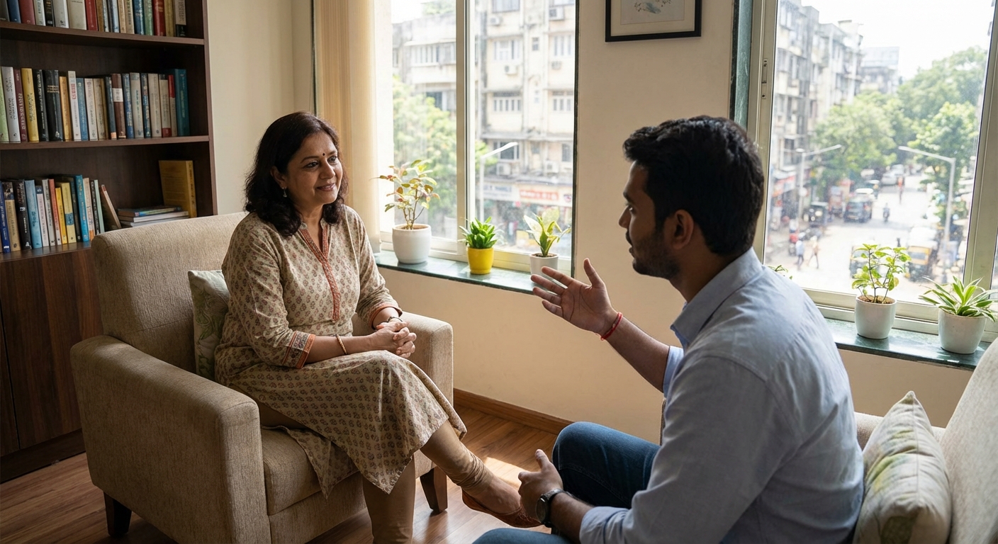 A therapy session in progress with an Indian psychologist and client
