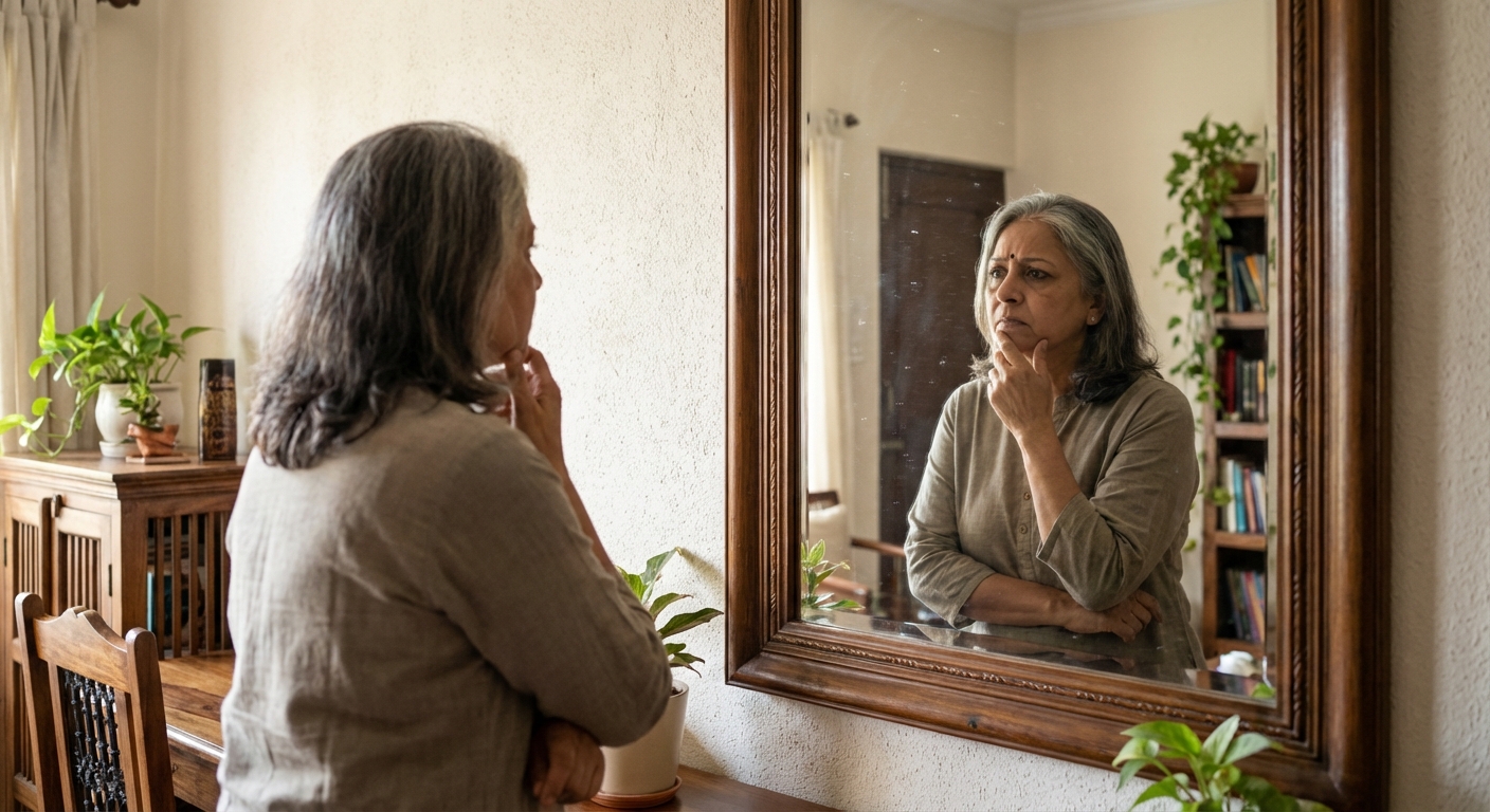 A woman looking at her reflection in a mirror with a contemplative expression