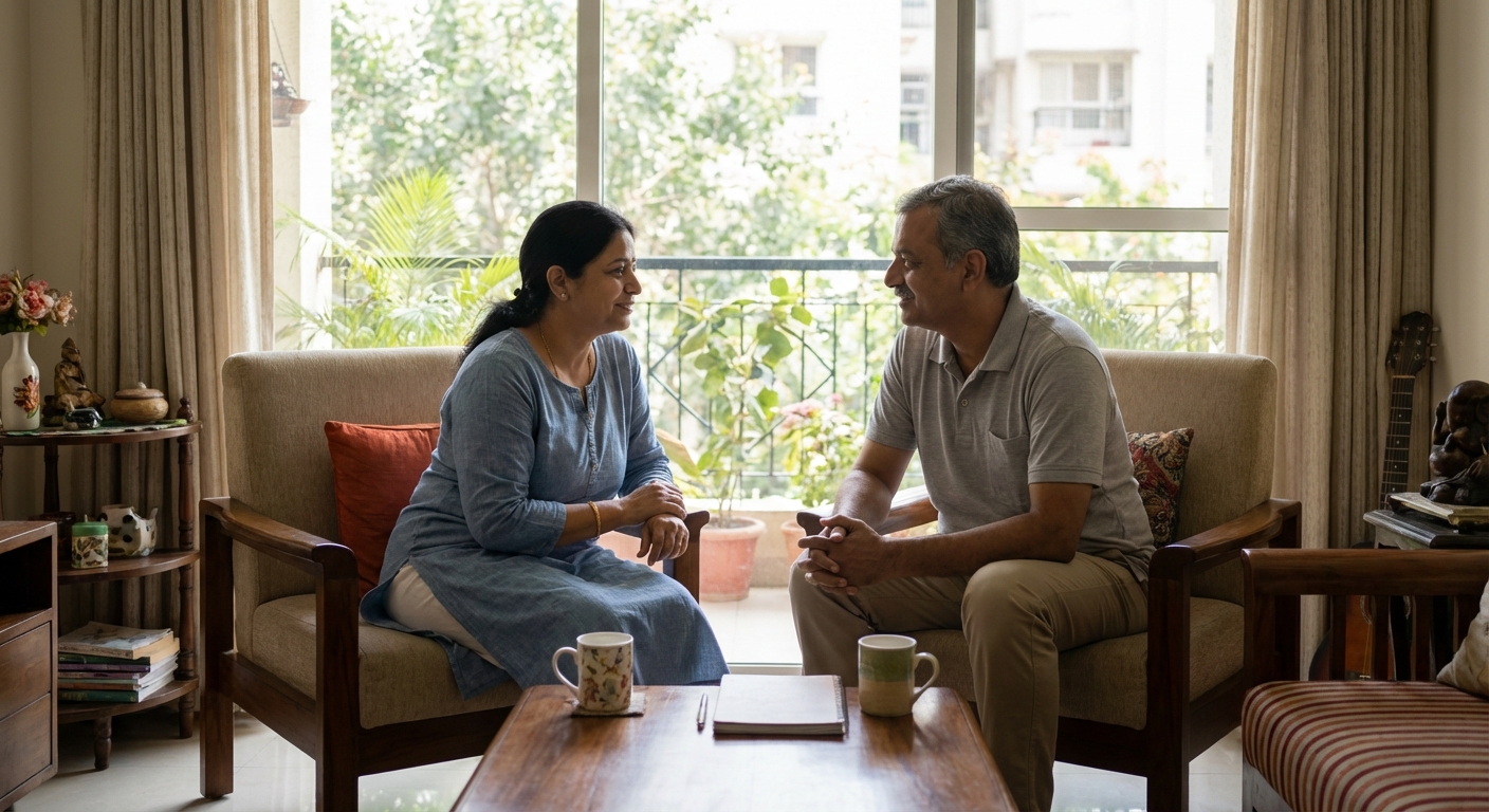 A couple engaging in a peaceful daily check-in conversation