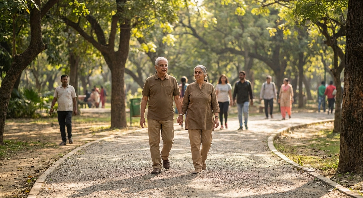 A couple walking together in a park, symbolizing their journey of growth