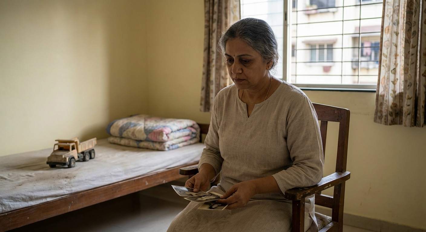A contemplative Indian woman sitting alone in a child's empty bedroom, looking at old photographs