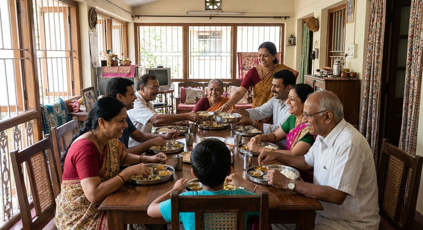 A traditional Indian joint family gathering around a dining table, showing the cultural emphasis on family togetherness