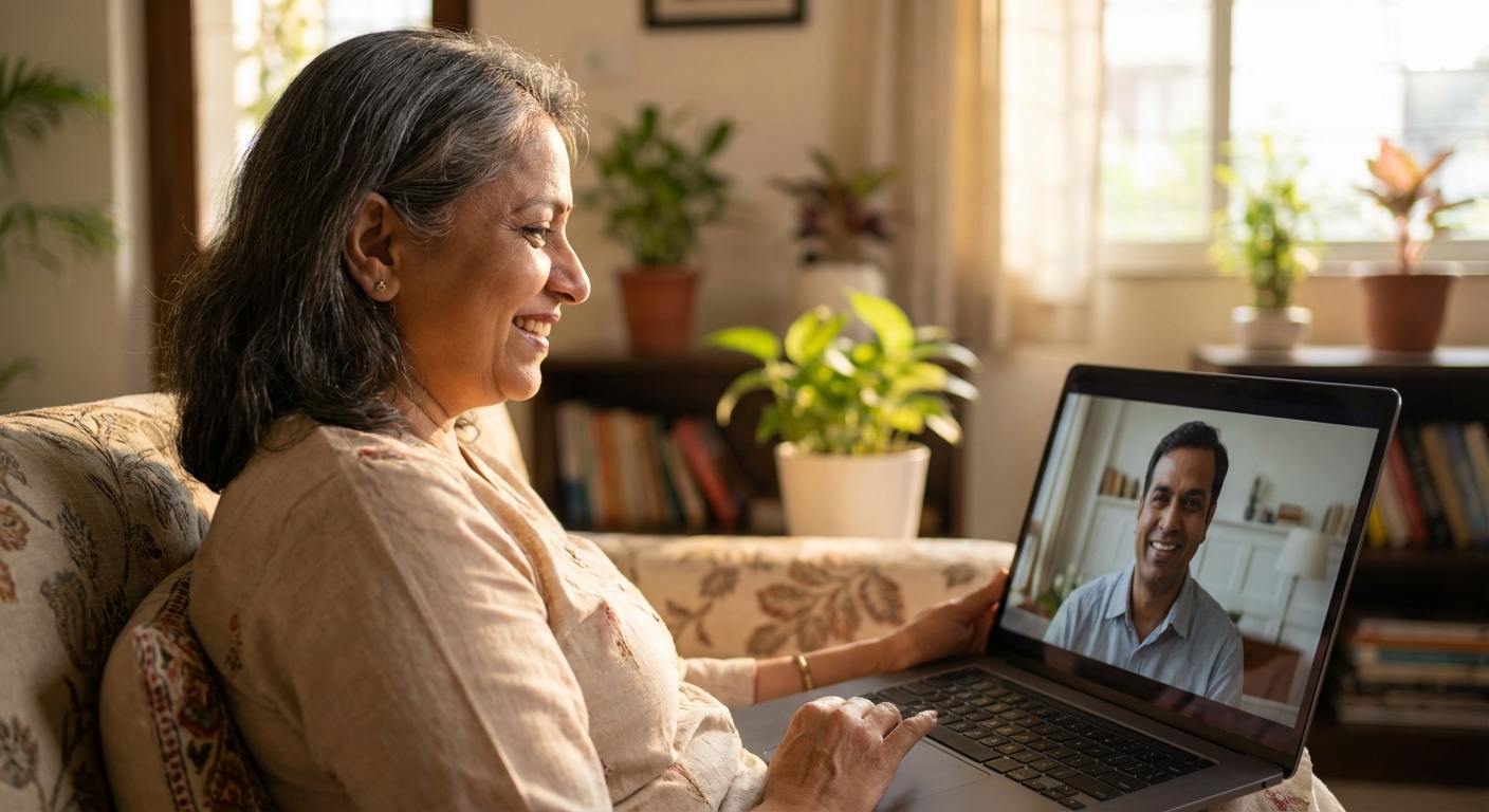 A happy middle-aged Indian parent video calling their adult child on a laptop, both smiling warmly