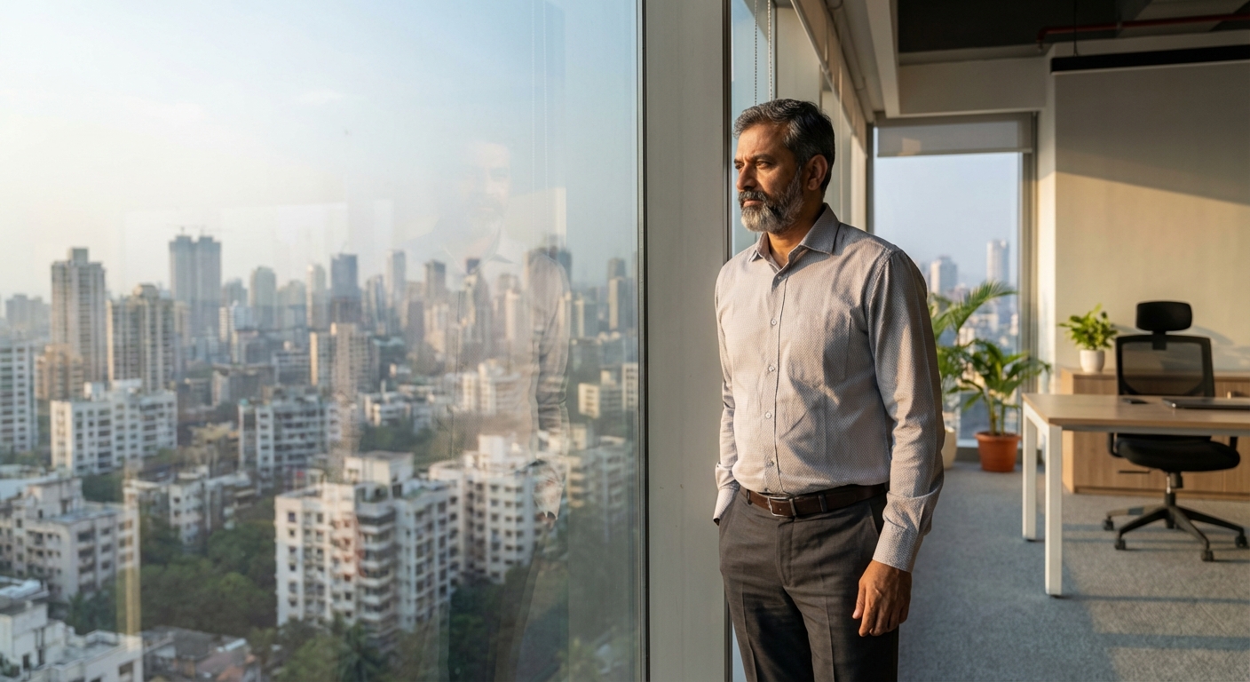 Entrepreneur standing alone looking out office window at city skyline