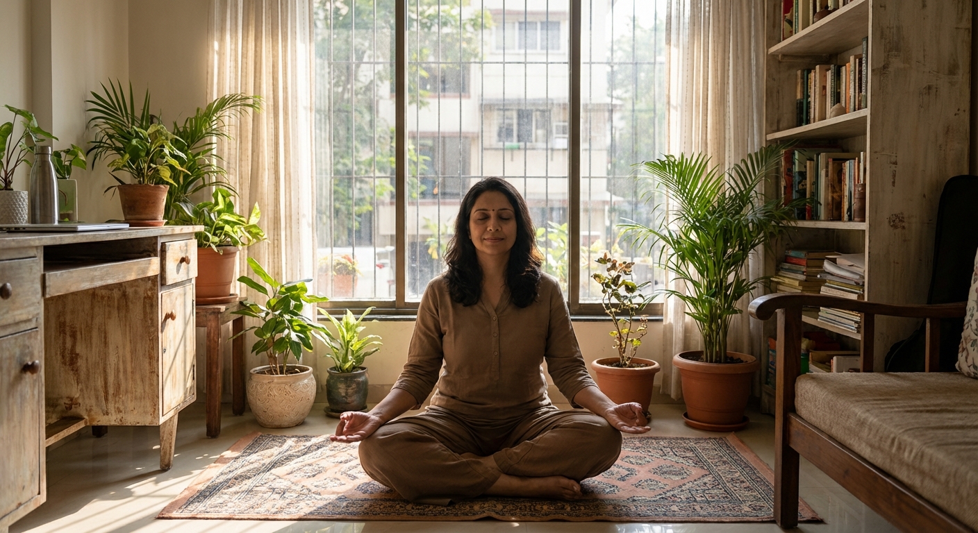 Person meditating in peaceful home office with plants