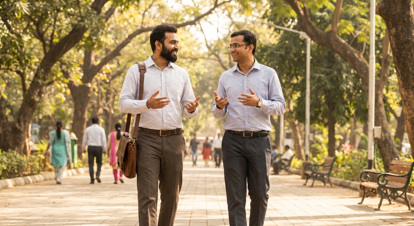 Entrepreneur having walking meeting in park with colleague