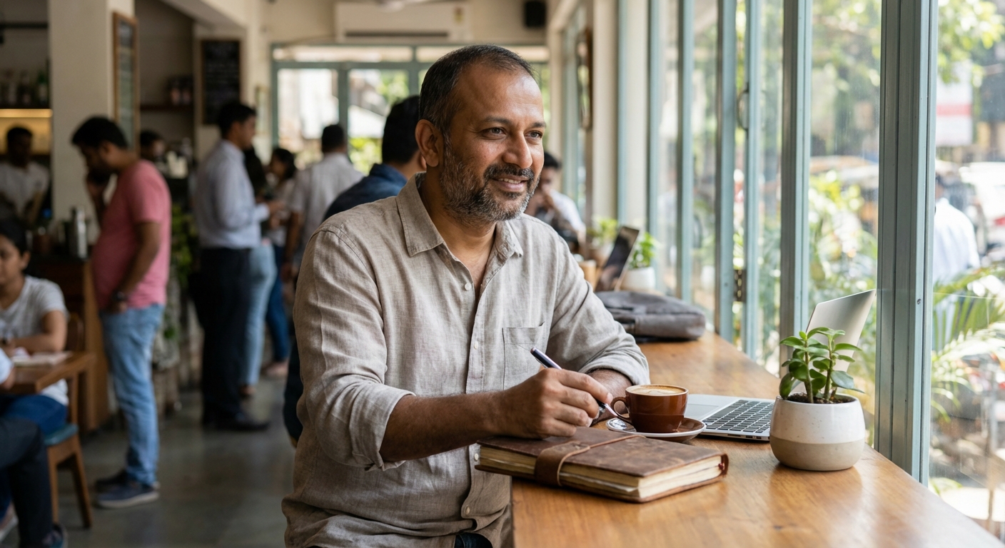 Entrepreneur writing in journal at coffee shop, looking peaceful
