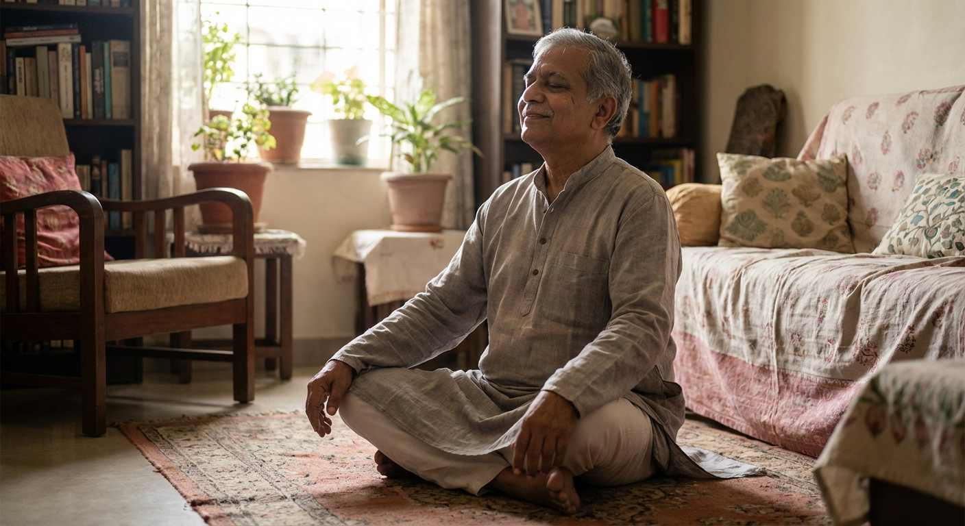 A person practicing deep breathing or meditation in a peaceful corner of their home
