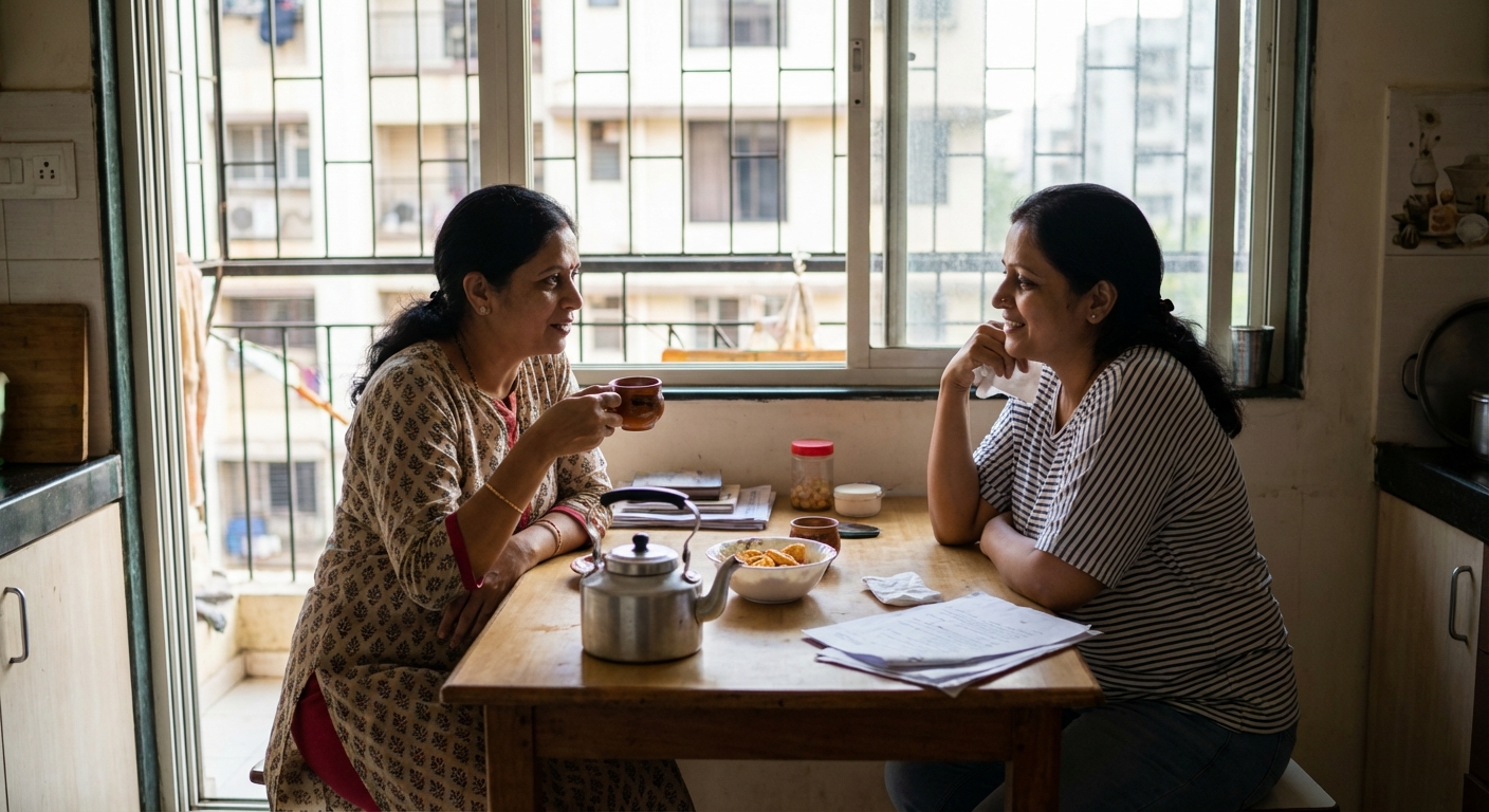 Two friends having a supportive conversation over chai at a kitchen table