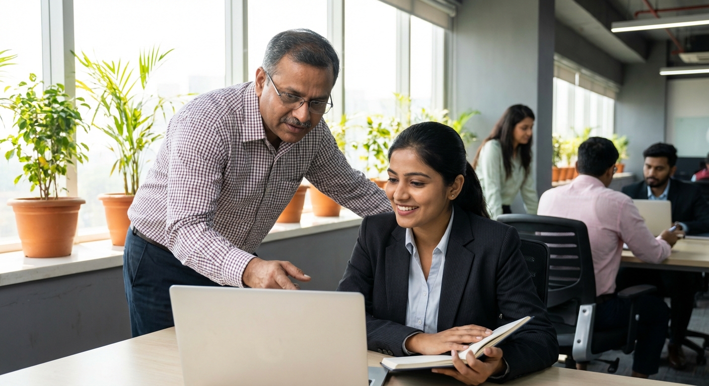 A mentor guiding a young professional in an office setting