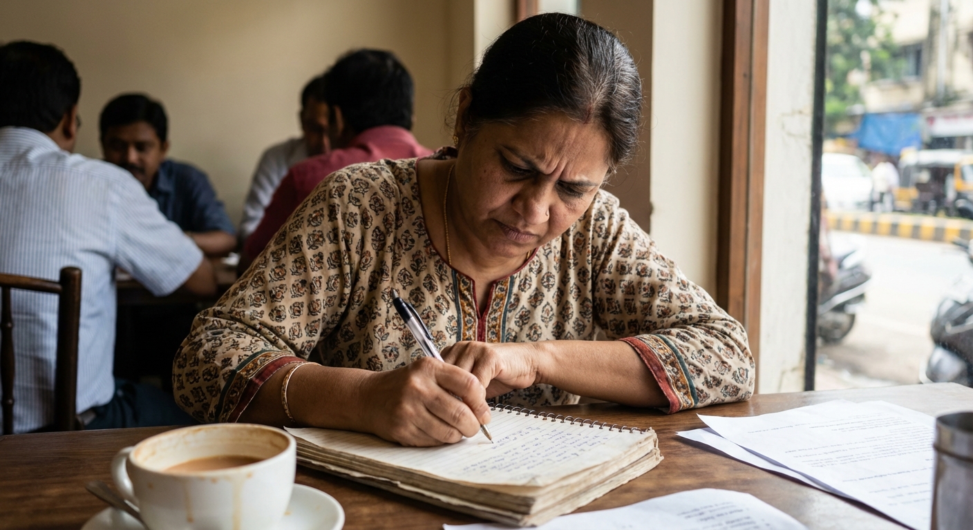 A person writing goals and plans in a notebook with determination
