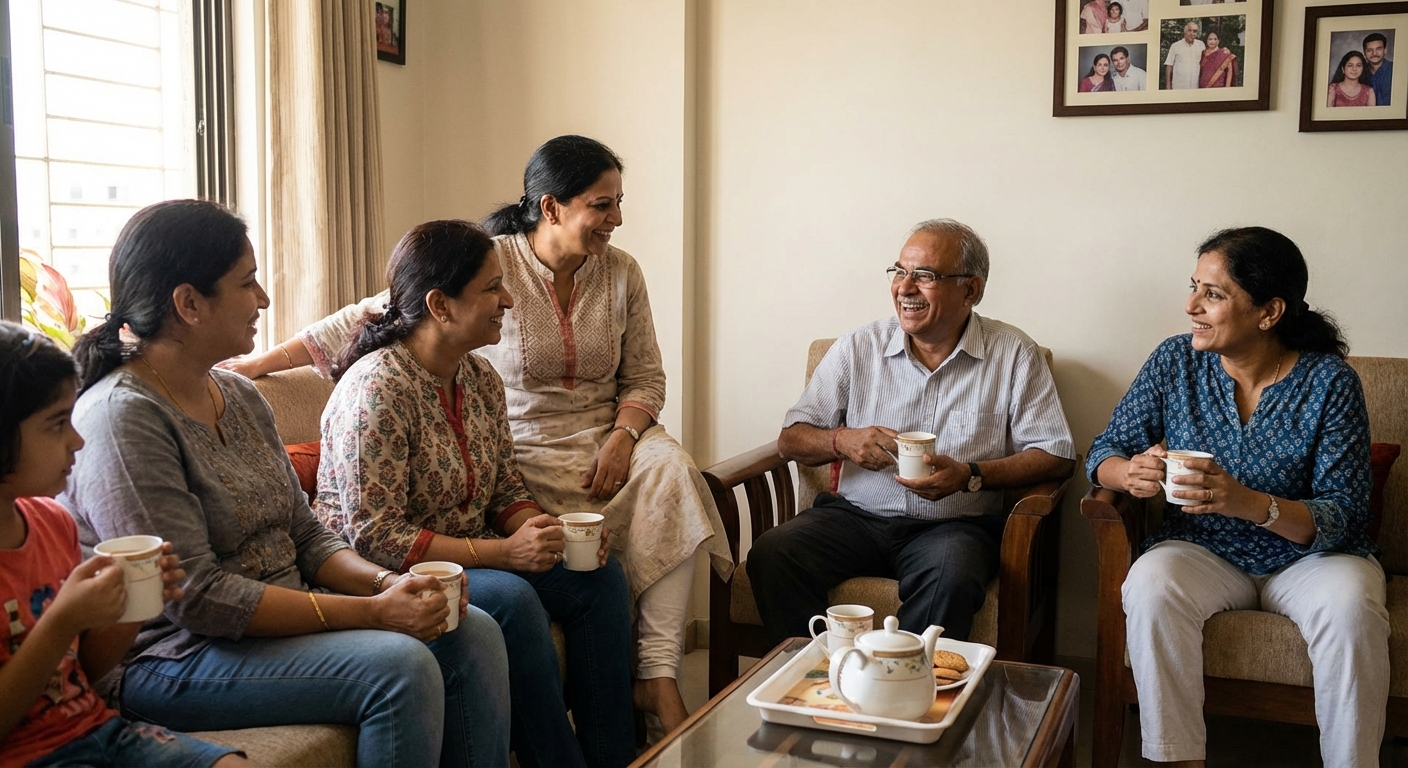 Friends and family gathered in support, sharing tea and conversation