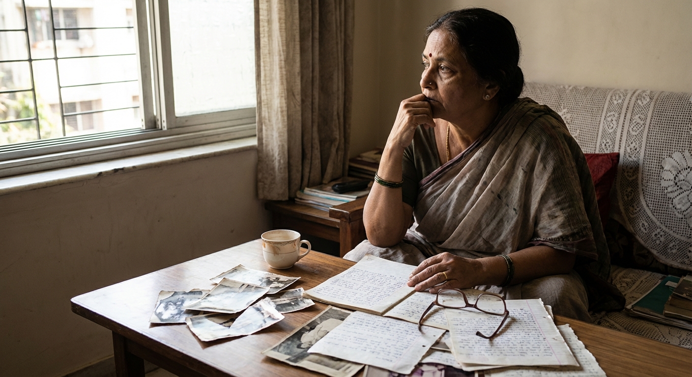 A woman in contemplation with symbolic imagery of fragmented memories