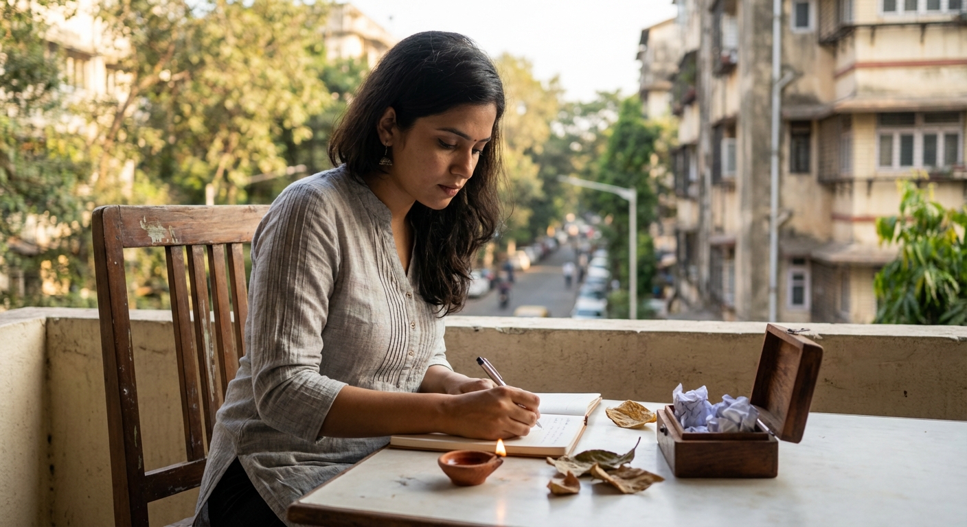 A person journaling with symbolic elements of releasing and transformation