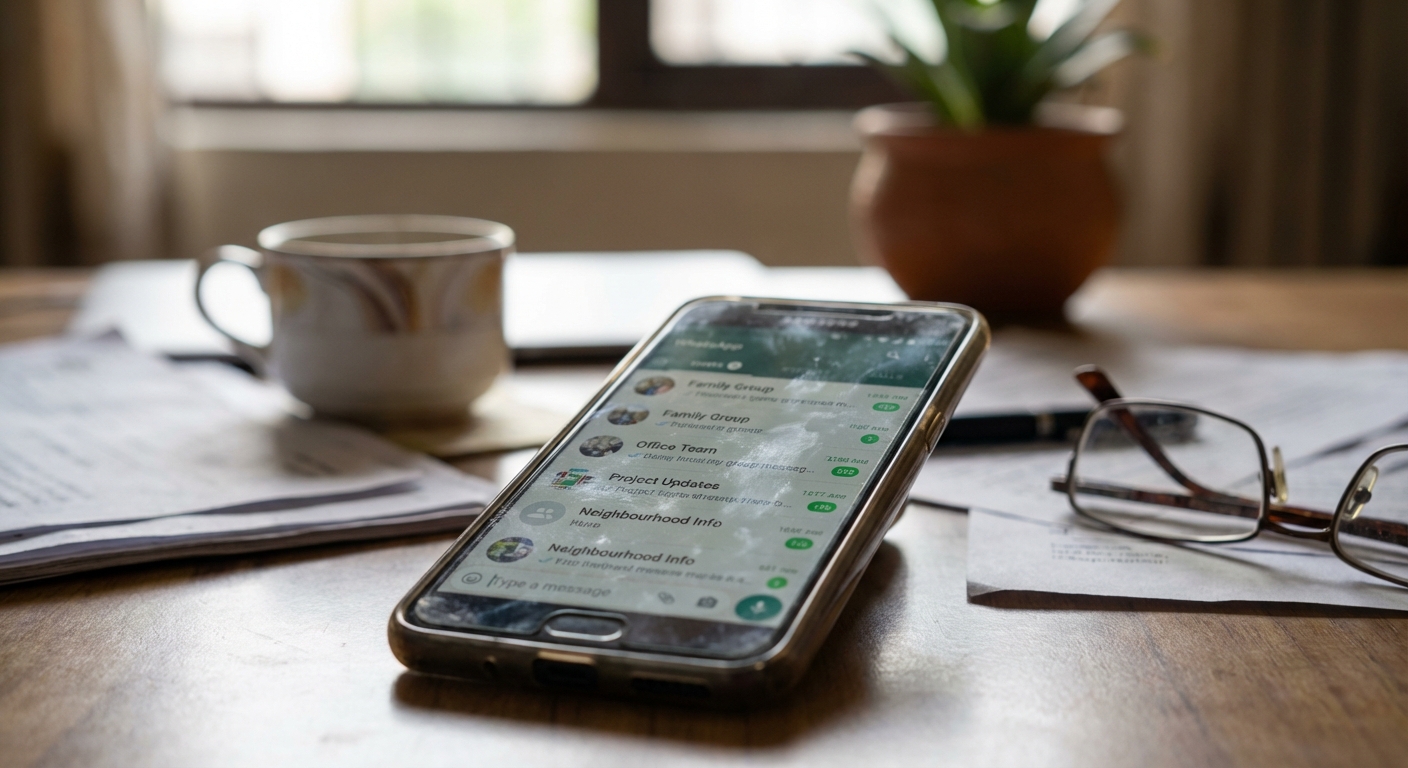 A smartphone screen showing overwhelming WhatsApp notifications from multiple family and work groups
