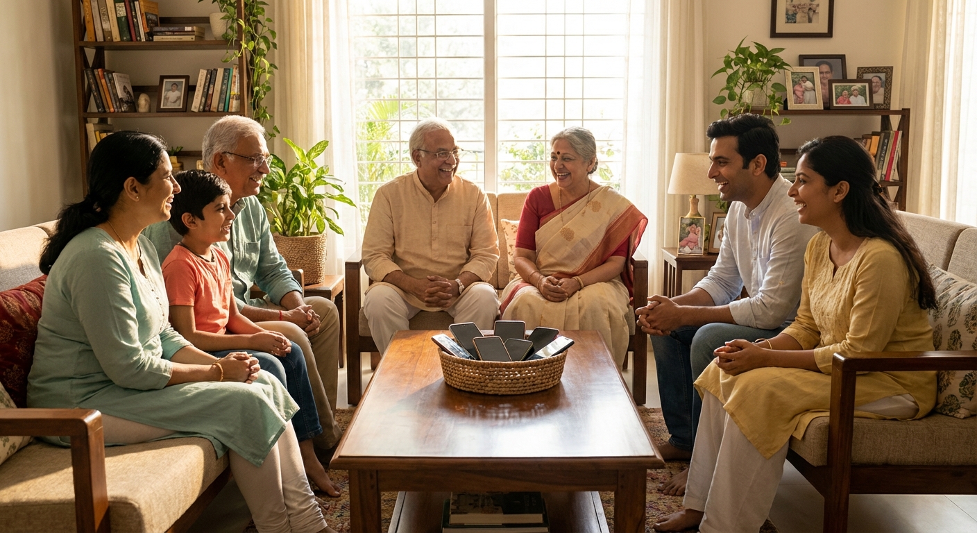 An Indian family enjoying quality time together with all phones placed in a basket, engaging in conversation