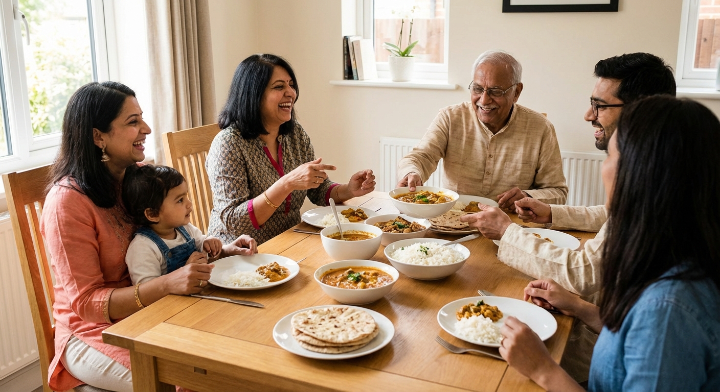 An Indian family sharing a joyful meal together