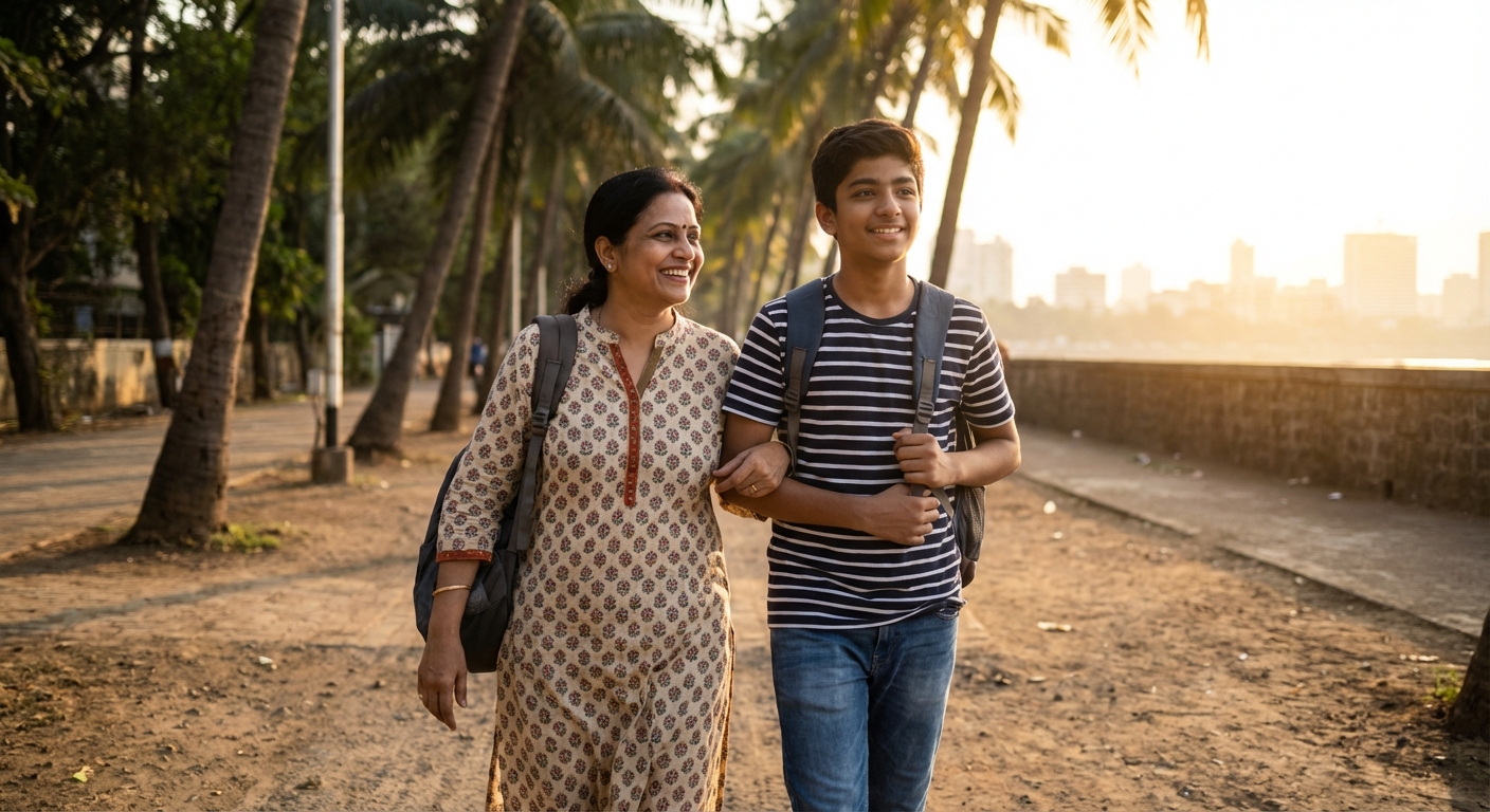 A hopeful image of a parent and teenager walking together toward a bright future