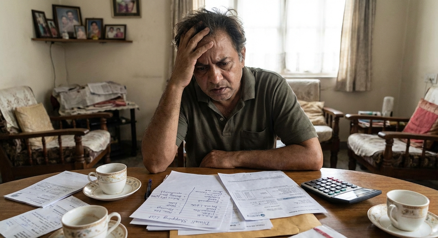 A person looking stressed while reviewing bills and festival shopping lists