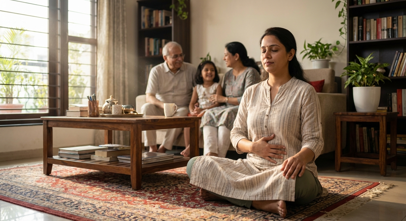 A woman practicing deep breathing while family members chat in the background