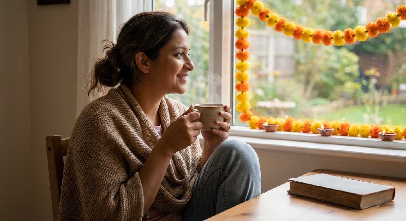 A person enjoying a quiet moment of self-care with a cup of tea during festival season