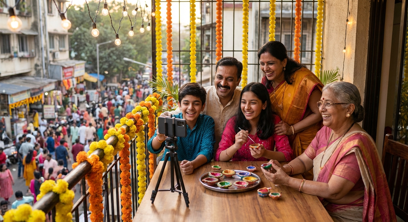 A family creating new traditions together during a festival celebration