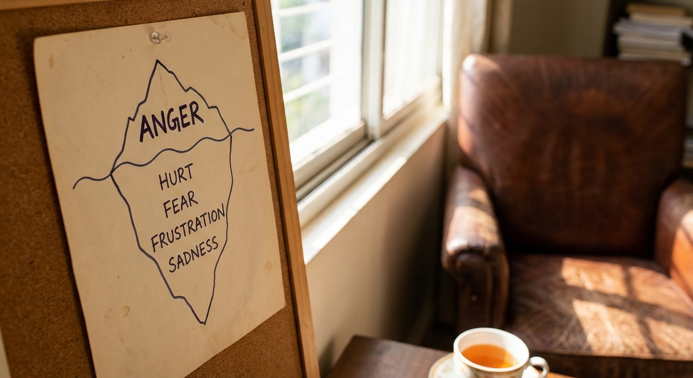 An iceberg illustration showing anger as the visible tip above water, with deeper emotions like hurt, fear, and frustration beneath the surface