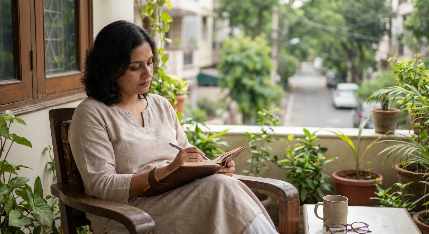 A person practicing mindful self-reflection, journaling their thoughts in a peaceful setting