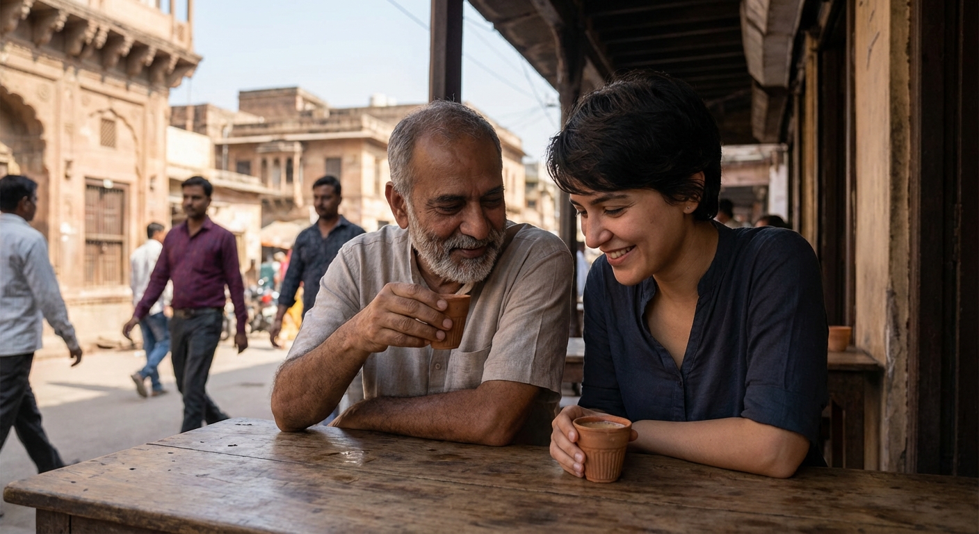 Two people having a calm, meaningful conversation over cups of chai in an Indian setting