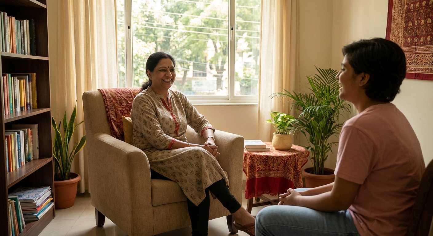 A welcoming, professional counseling office setting that feels safe and supportive