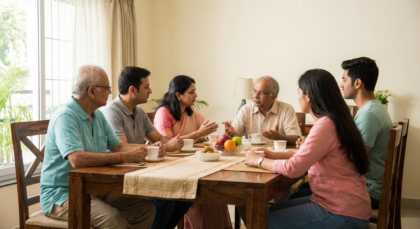 A supportive family discussion around a table